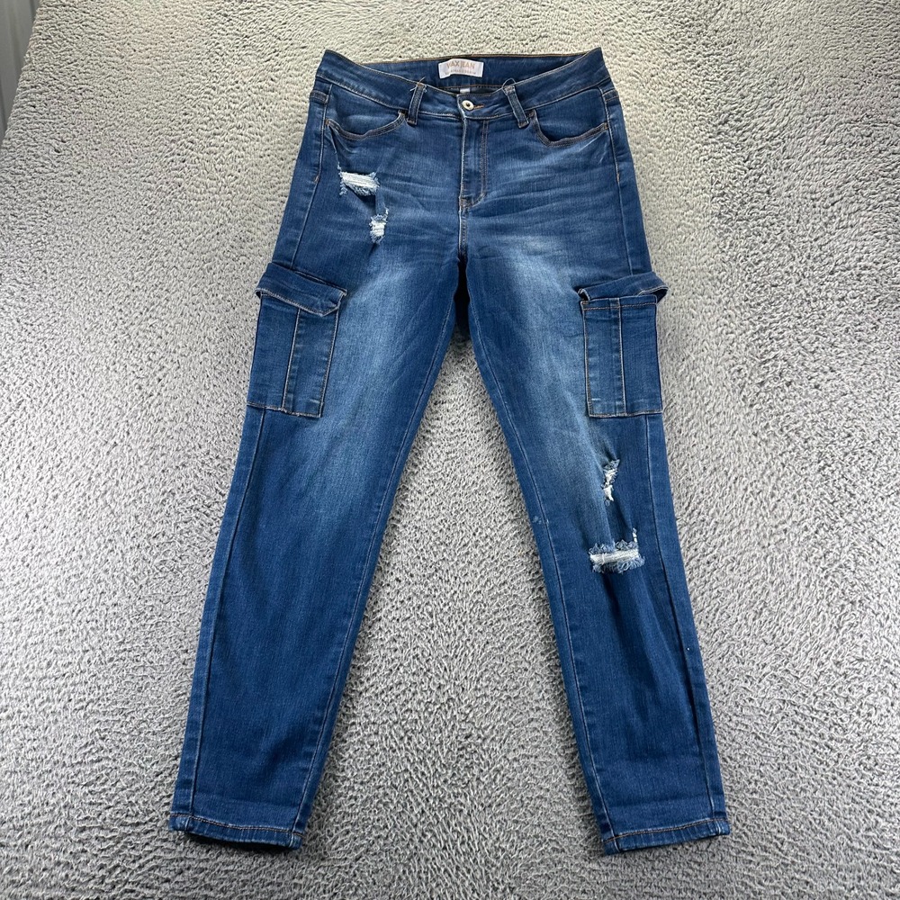 Wax Jeans Womens 13 Blue Cotton Denim Tapered Distressed Cargo‎ Stretch Workwear